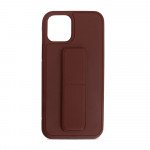 Wholesale PU Leather Hand Grip Kickstand Case with Metal Plate for iPhone 12 / iPhone 12 Pro 6.1 inch (Brown)
